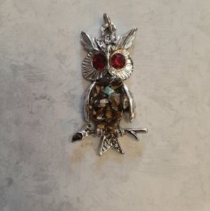 Vintage Owl Pendant with Red Rhinestone Eyes